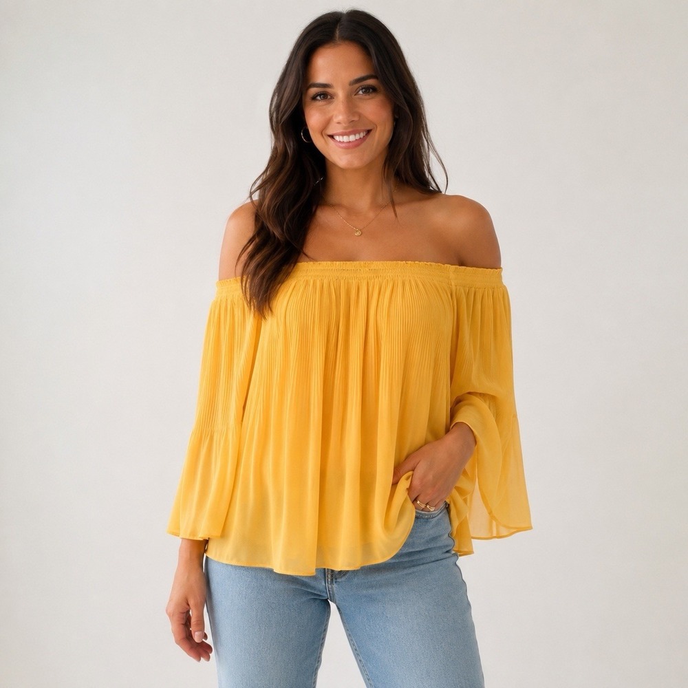 Max Studio Yellow Pleated Off‎ Shoulder Blouse Women's L Bell Sleeve Boho